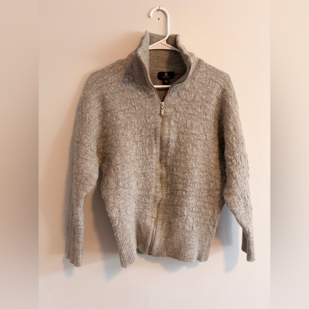 TUMI Full Zip Sweater Alpaca / Cotton Gray Collared Zip-Up Large - Picture 1 of 6